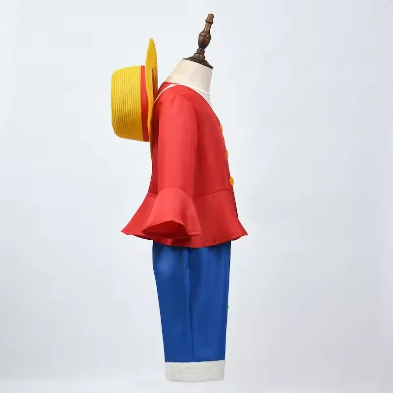 Nuevo disfraz de cosplay de anime Luffy para adultos con sombrero de paja para niños, uniforme de carnaval de Halloween, chaqueta, pantalones, cinturón, conjunto completo