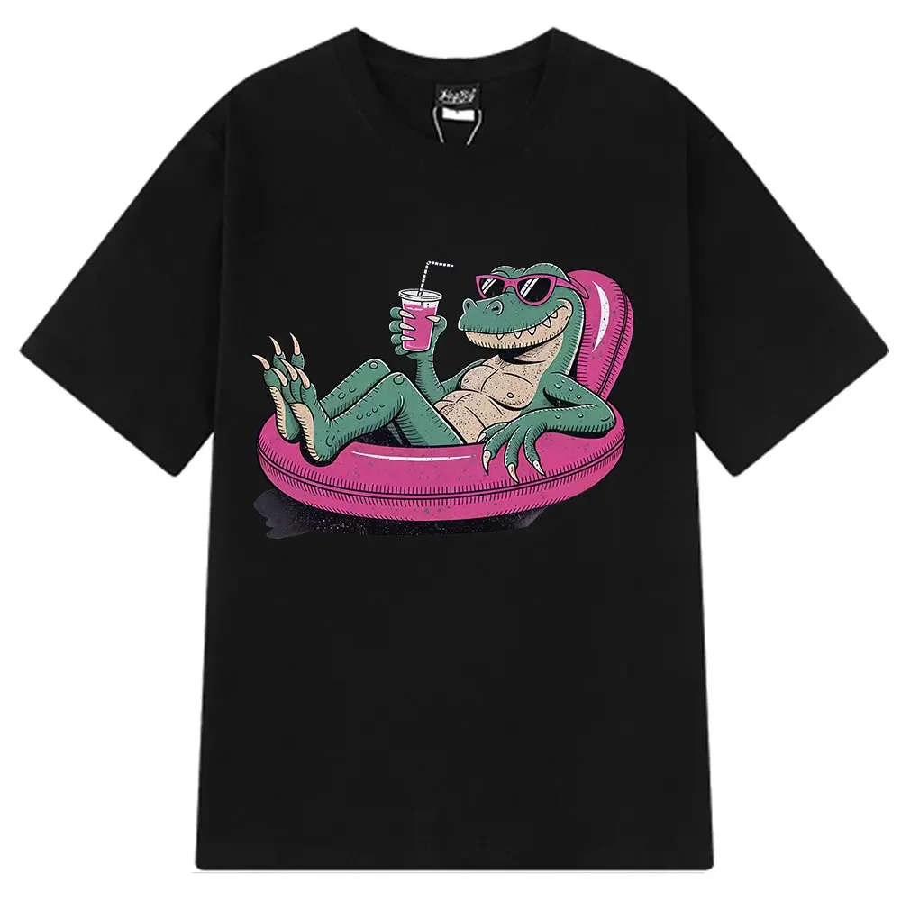 Funny Crocodile Drink T-Shirt Summer Beach Party Cool Animal Novelty T-Shirt Relaxing Alligator Funny Graphic Loose Tees