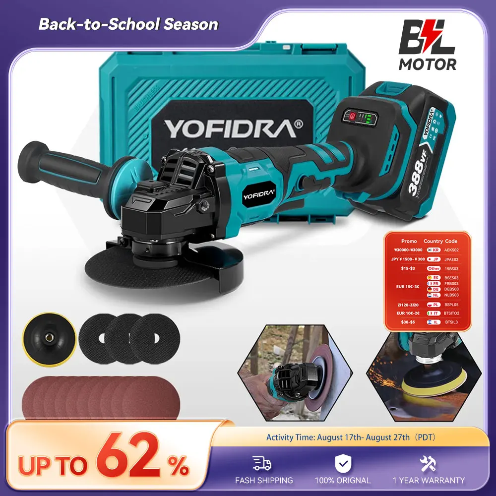 YOFIDRA 125mm Smerigliatrice angolare senza spazzole 3 marce M14 Utensile elettrico per rettifica a percussione elettrico a batteria per Makita 18V Batteria Pin