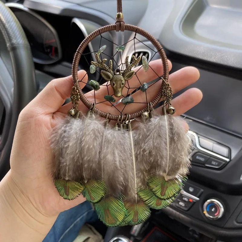 Peacock Feather Dream Catcher Rear-view Mirror Hanging Ornaments Wind Chimes Hand-woven Car Pendant Festival Lucky Decoration