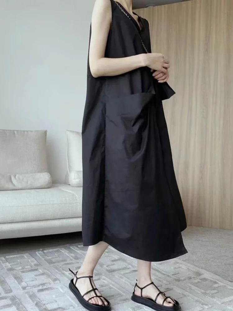 Dresses Women Solid Simple Summer Sleeveless Temperament Daily Leisure Loose Korean Style V-neck Ladies Elegant Tender Fashion