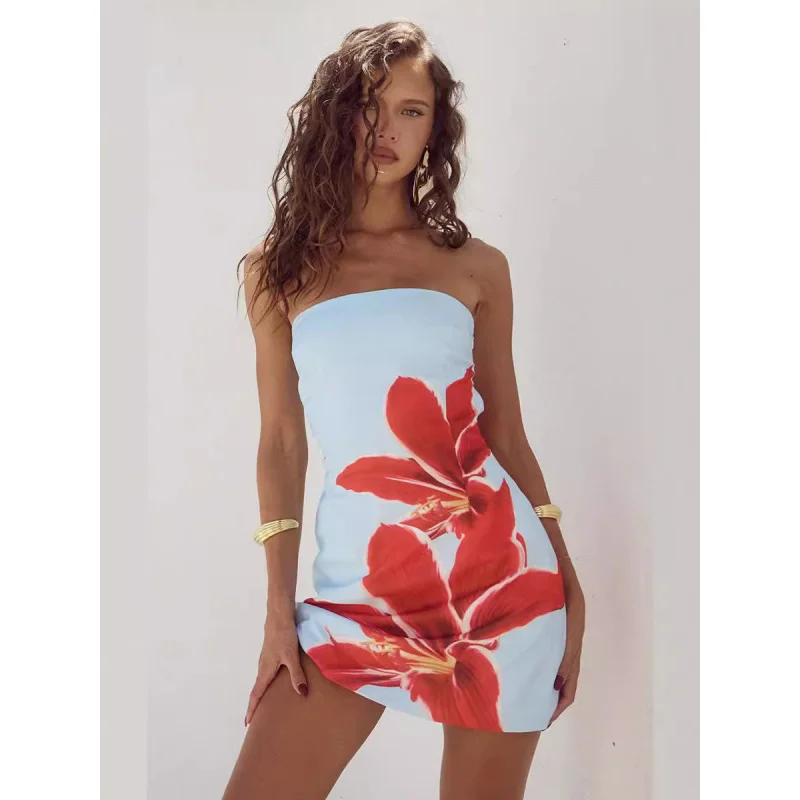 Cross-Border Foreign Trade European and American Summer Sexy Women's Tube Top Flower Print Slim Sheath Short Dress Generation Ha