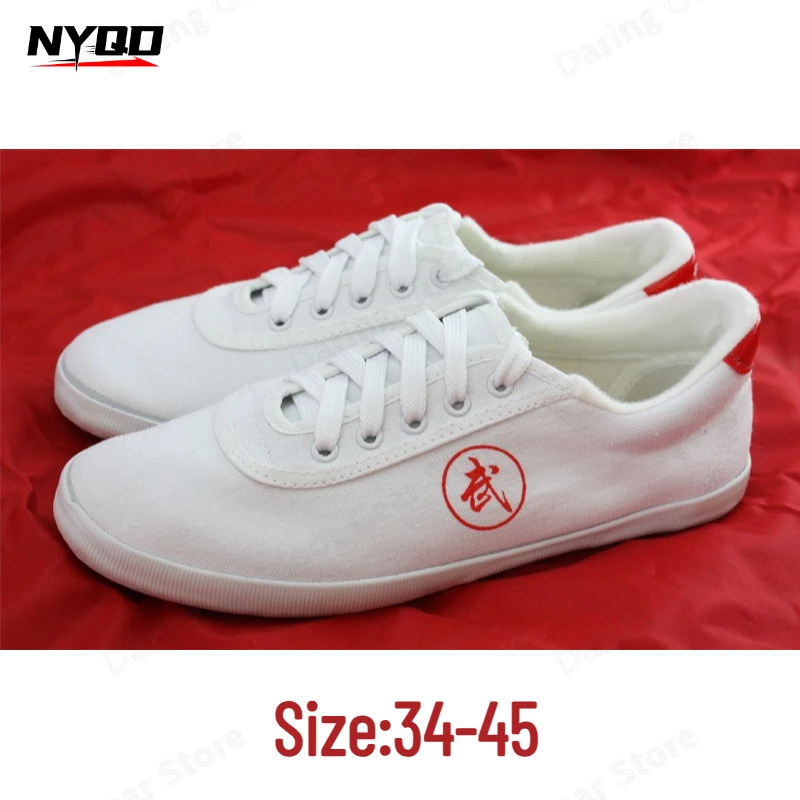 Unisex White Wushu Tai Chi Canvas Shoes Rubber Sole Kung Fu Sneakers for Martial Arts Training Gymnastics Jumping Practice