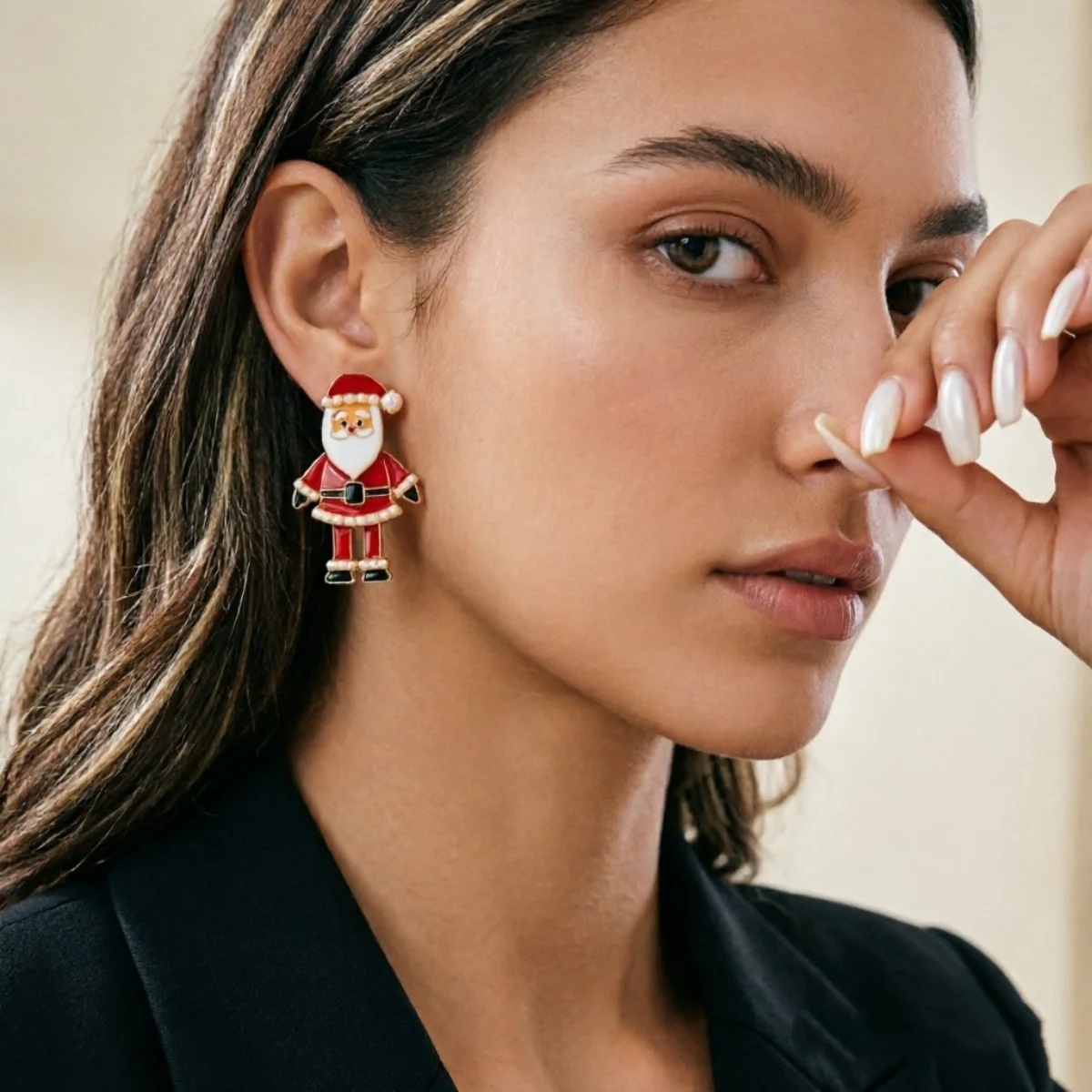 Kreative asymmetrische Ohrstecker mit Weihnachtsmann und Weihnachtsfrau mit langen Beinen für Damen, Imitationsperlen, Weihnachtsfiguren-Ohrringe, Schmuck – Detail 19