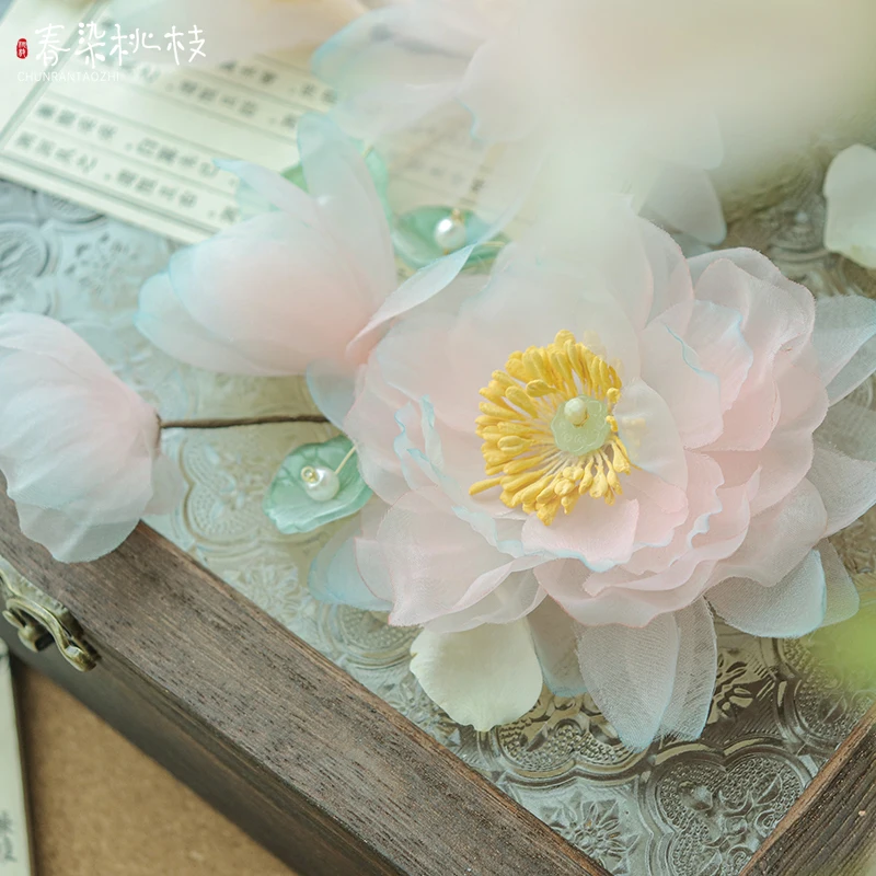 

Soft Pink Lotus Double-Prong Hair Clip Ethereal Tang Dynasty Style Handmade Silk Gauze Heat-Shaped Flower Hairpin for Hanfu