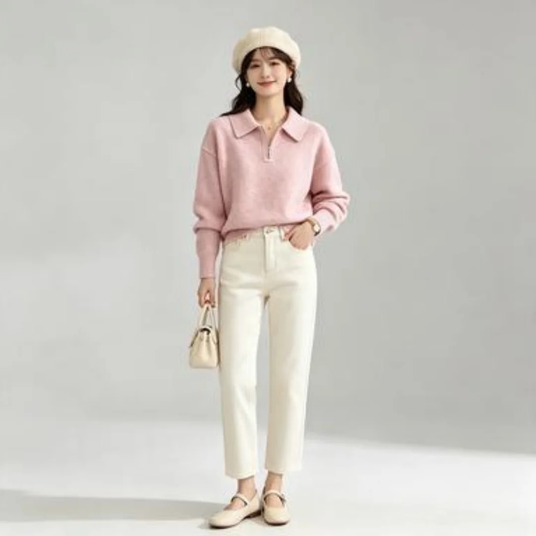 Women Autumn Winter New Chic Soft Faux Two‑Piece Half‑Zip Polo Collar Cropped Sweater