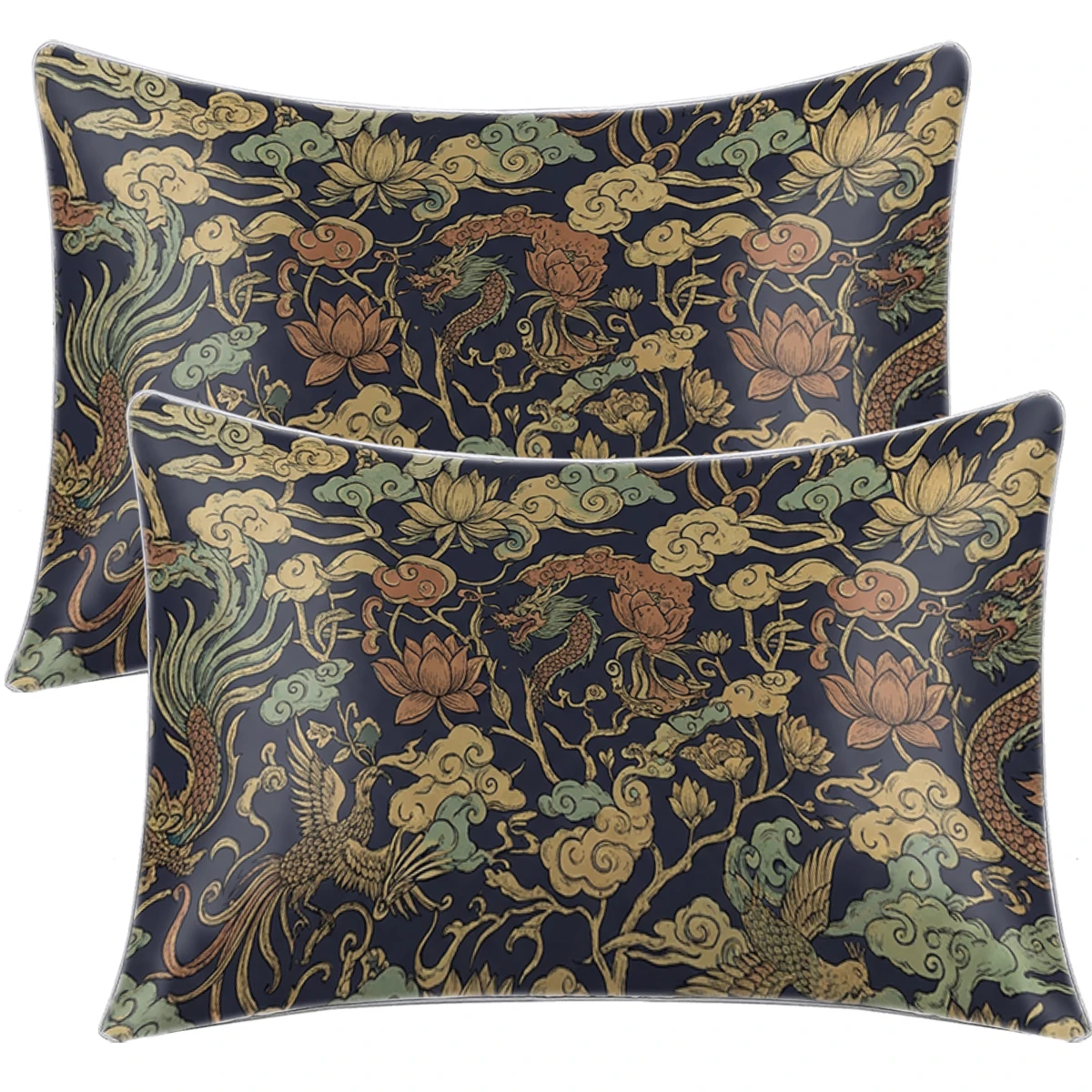 2PCS Vintage Chinese Dragon Phoenix Lotus Cloud Print Satin Pillowcase Soft Silk Pillow Cover Envelope Closure Bedroom Decor