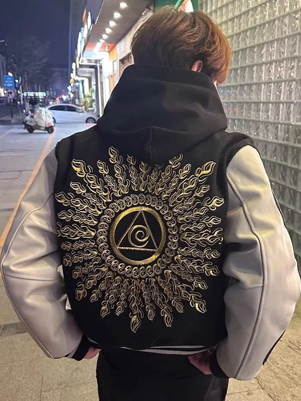 

Sun's Eye Embroidered Bla Baseball Jaet Men's ort Sle American High Street Hiphop Cool Spring Autumn Outerwear