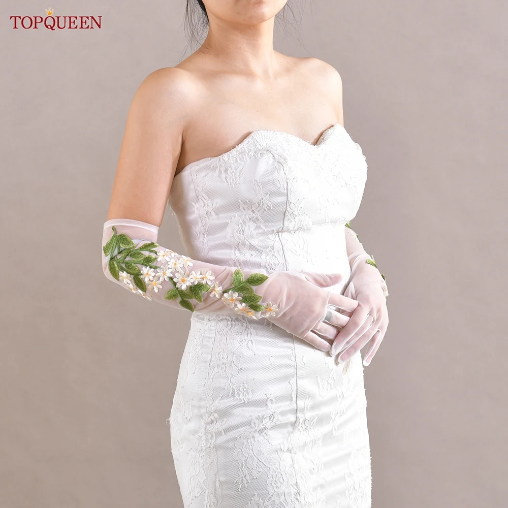 

TOPQUEEN Elegant Wedding Gloves Lace Applique Bridal Gloves White High Quality Elbow Length Party Performance Accessories T39