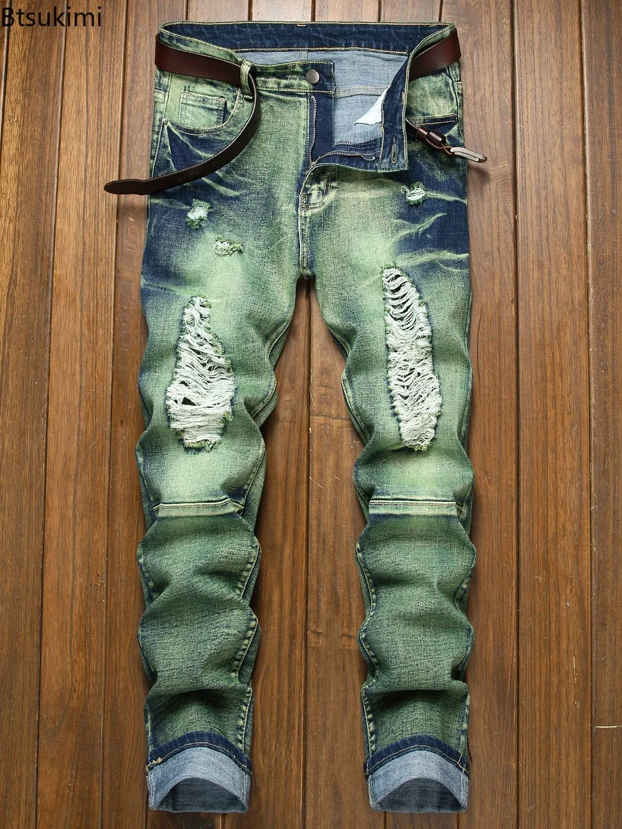 

Мужские джинсы в стиле ретро, модные брюки на молнии в стиле хип-хоп, повседневные облегающие лоскутные мотоциклетные брюки, мужские брюки-карандаш, четыре сезона