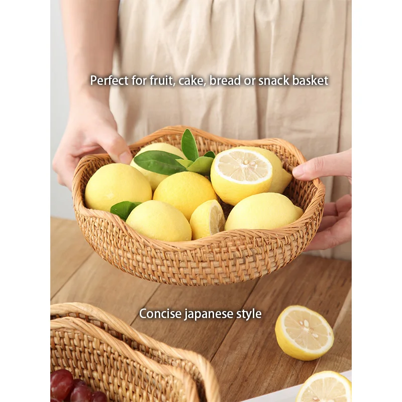 Handwoven Rattan Storage Basket Fruit Picnic Basket Cake Wicker Tray Food Bread Plate Snack Box Sundries Container Kitchen Decor