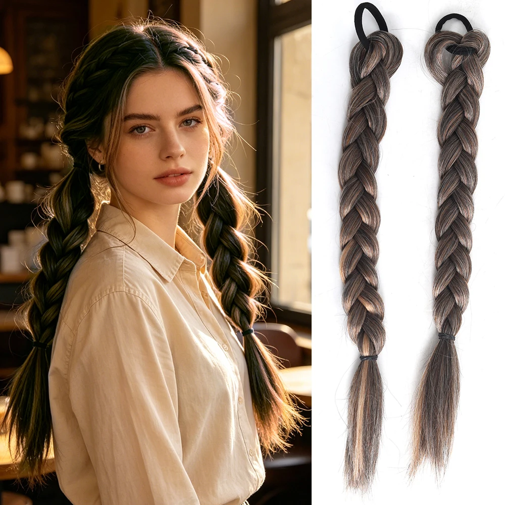 Synthetic Braided Ponytail Hair Extension with Rubber Band Natural Hair Pieces Braids Wig for Women Daily Wear Hair Accessories