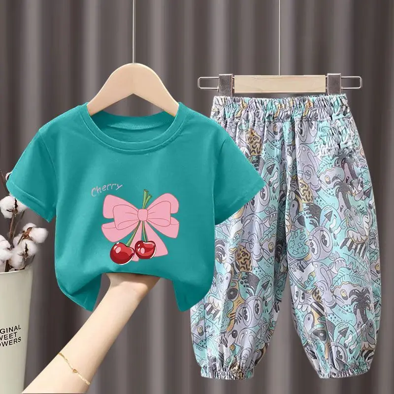 Children\'s Clothing Sets Cherry Print Bow Short Sleeve Top + Floral Printed Trousers Kids Clothes Boys Girls for 2 To 8 Years