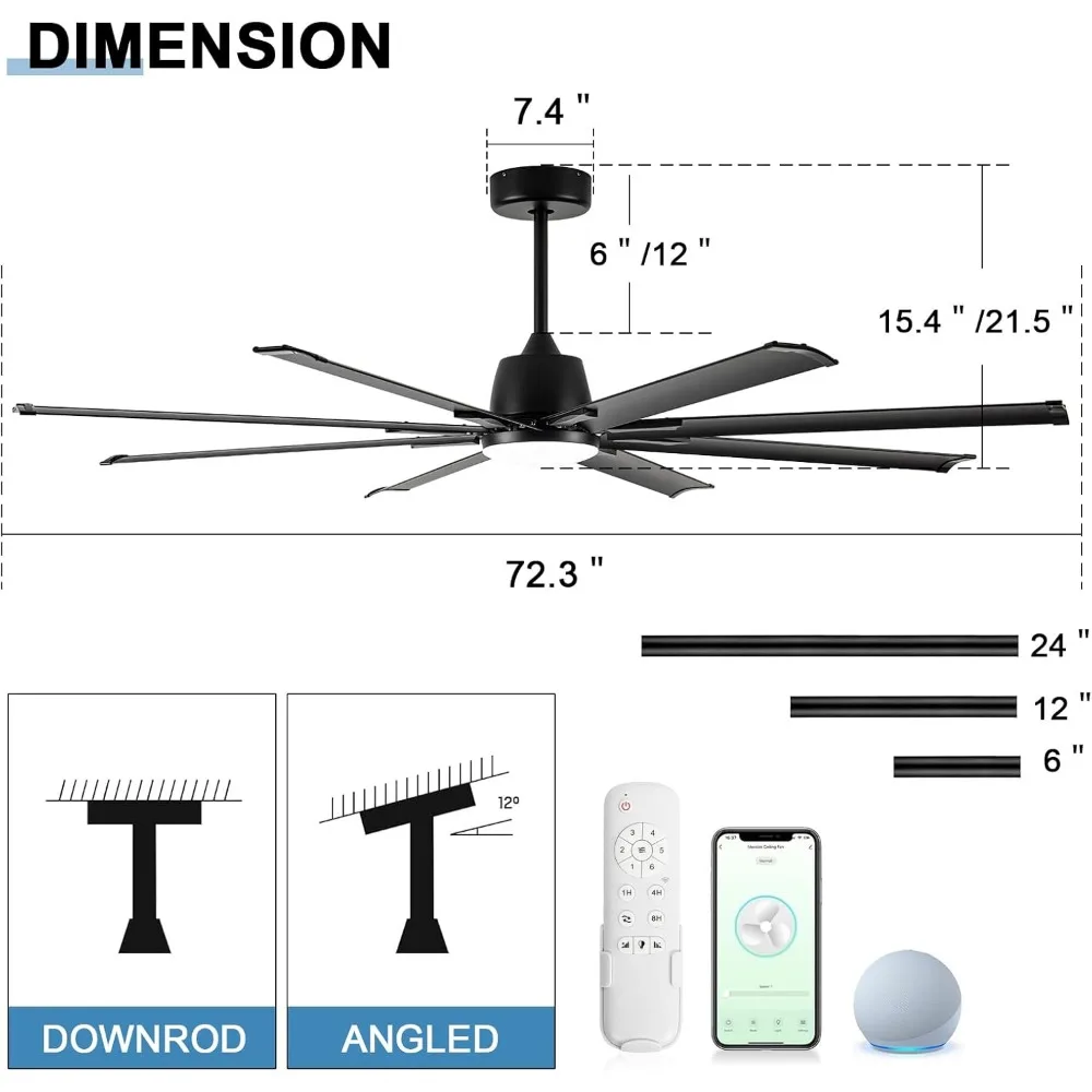 Ventilador de techo con luz, ventilador de techo industrial con control remoto, 8 aspas de aluminio negro, silencioso de 6 velocidades, ventilador de techo de 72 pulgadas