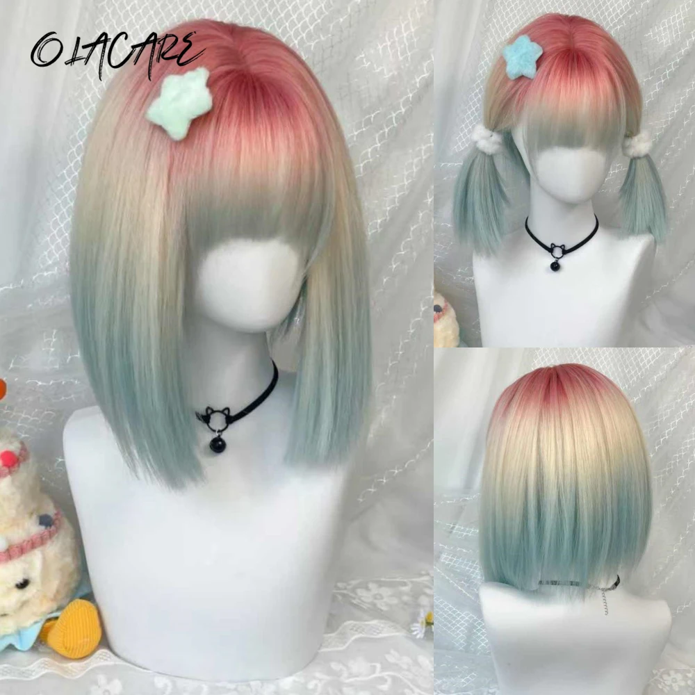 Rainbow Bubble Short Straight Hair Bobo Wig for Women with Bangs Gradient Highlights Lolita Wigs Synthetic Wig Pastel Halloween