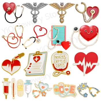 창의적인 의료용 에나멜 브로치 청진기 주사기 온도계, 금속 배지 펑크 심전도 라펠 핀, 보석 선물 