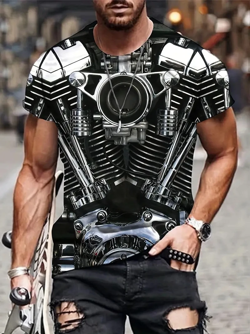 

Модная крутая мотоциклетная графическая футболка для мужчин в стиле хип-хоп с 3d принтом и круглым воротником с коротким рукавом, уличный индивидуальный тренд, детский топ больших размеров