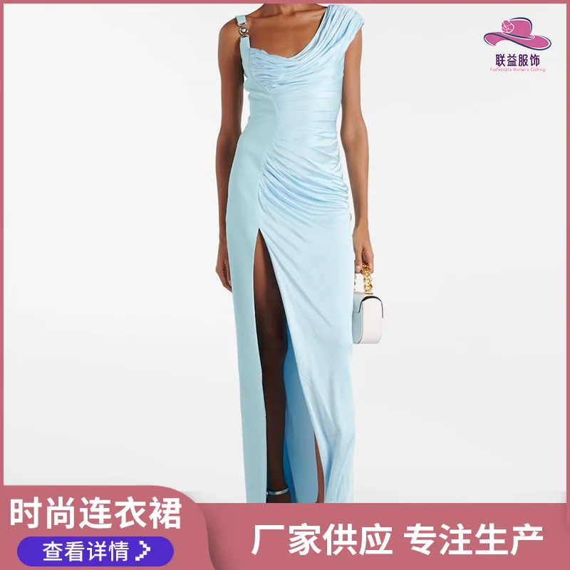 

New evening dress, birthday party dress, strapless pleated slit satin dress, sexy slim fit, hip hugging slit dress wholesale