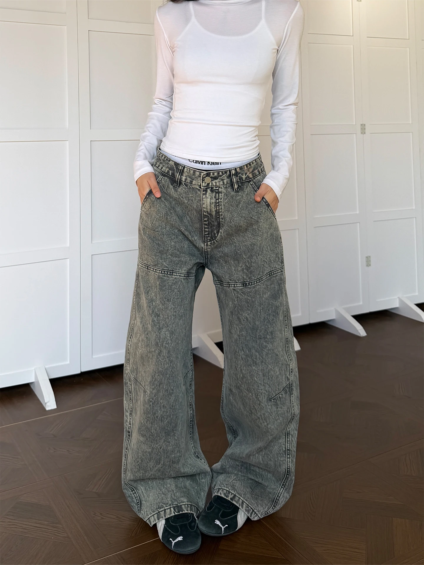 

Ретро-джинсы унисекс синего цвета с широкими штанинами, свободного кроя, винтажные, с завышенной талией, на молнии, из хлопка, повседневные