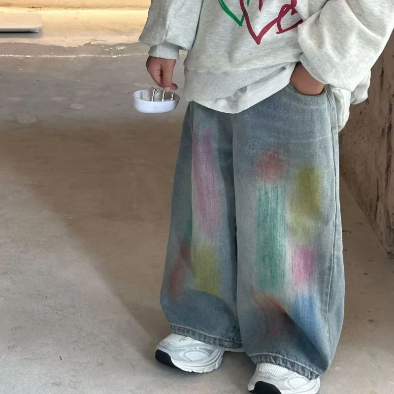

Kids Pants Graffiti New Spring and Autumn 2025 Fashion Baggy Long Jeans Wide Leg Korean Simple Style