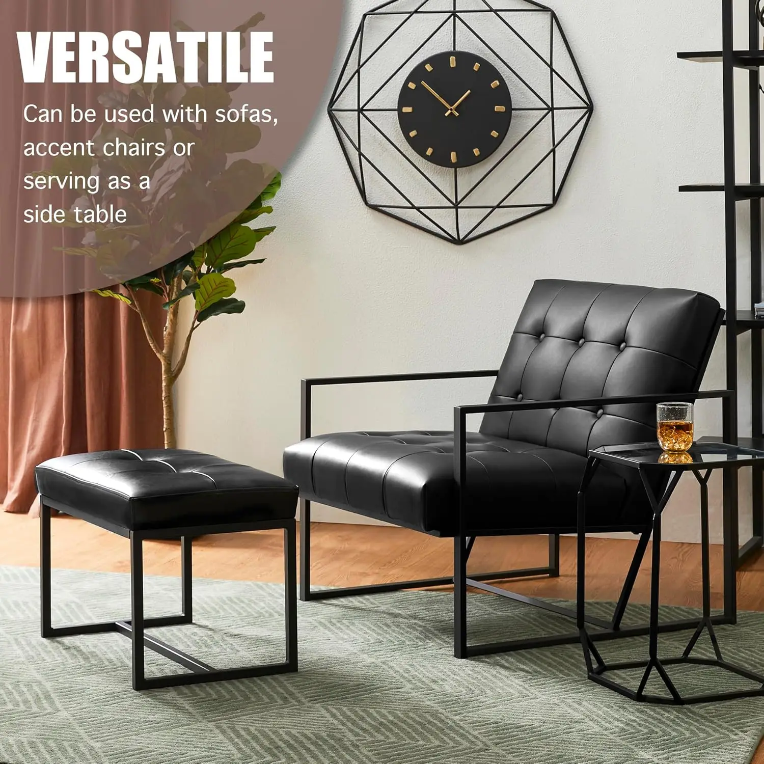 Panca ottomana da 2, sgabelli moderni in pelle PU con struttura in metallo, nero