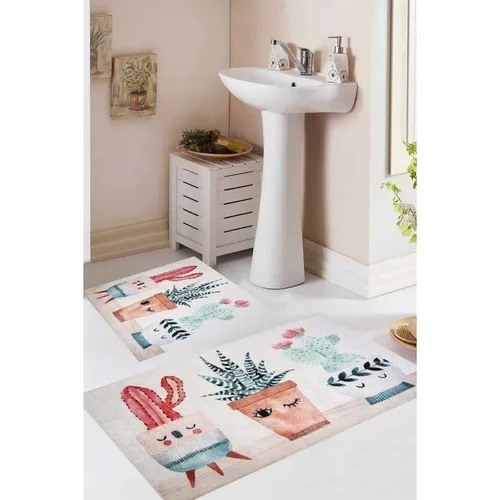 Hayveys Digital Three Cactus 2'li Bathroom Mat Set Toilet Seat Pad