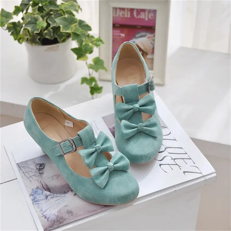 Sweet Lolita Shoes Kawaii Girl Cosplay Bowknot Buckle Mid Heel Round Head Women Shoes Princess Pu Leather Shoes Loli Female