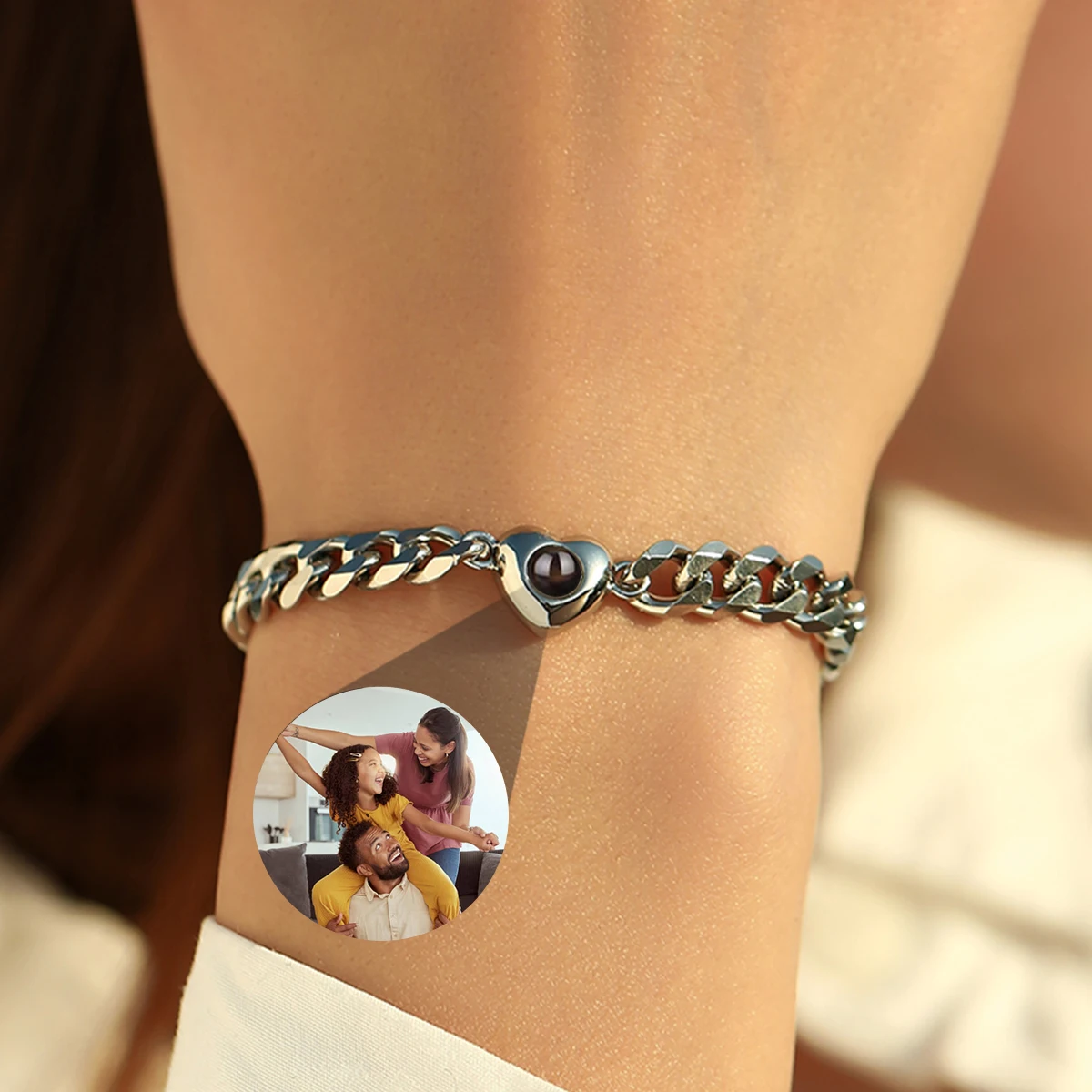 

Personalized Custom Thick Cuban Chain Bracelet With Picture Inside Stainless Steel Projection Bracelet Anniversary Gift Jewelry