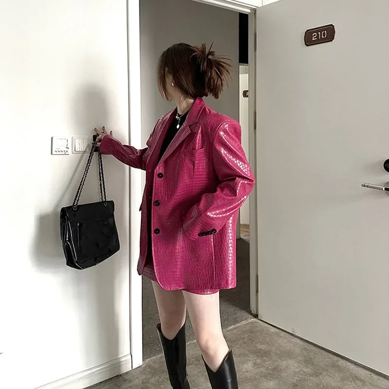 Spring Korean Rose Red Crocodile Pattern Faux PU Leather Suit Jacket Women Casual Single-breasted Suit Collar Blazers Streetwear