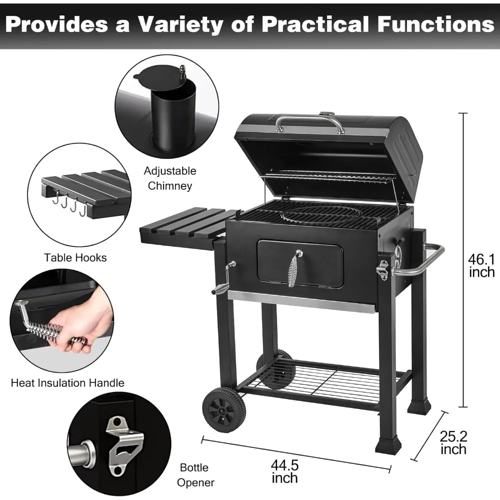 Charcoal Grills,Outdoor BBQ Grill Large Smoker Grill with Side Table & Cast Iron Grill Grates, For outdoor and Parties BBQ