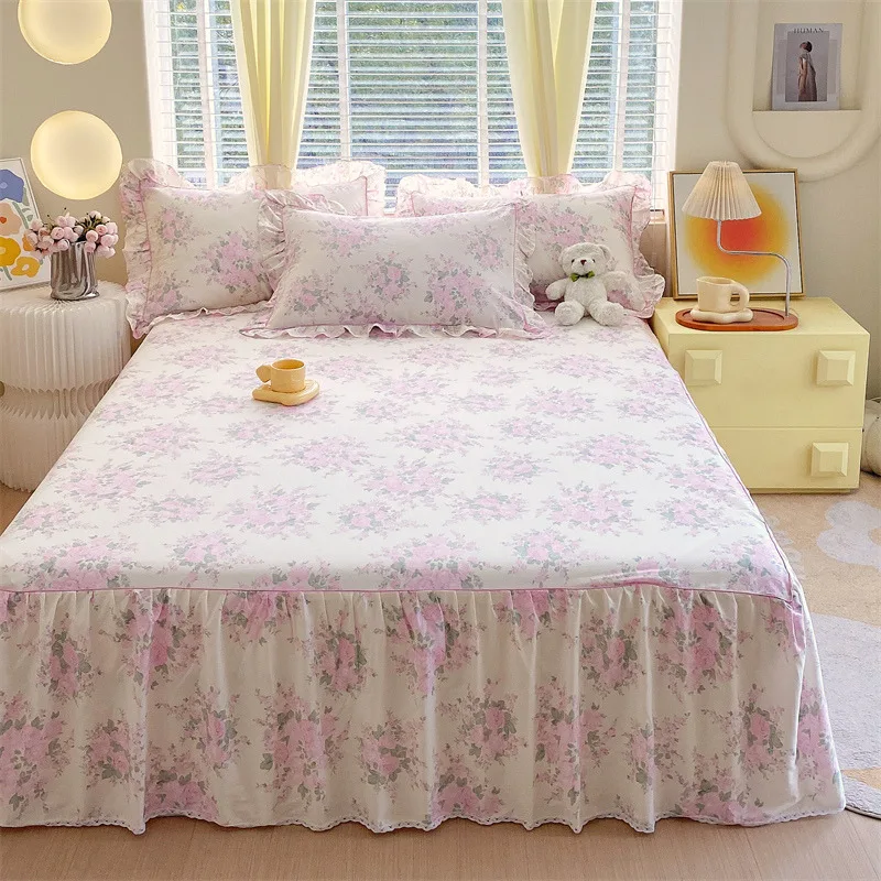 100% Cotton Pink Flower Theme Bed Skirt Set, Plant Floral Queen Bedding with 2 Pillowcase, Adults Girls Skin-friendly Bed Covers