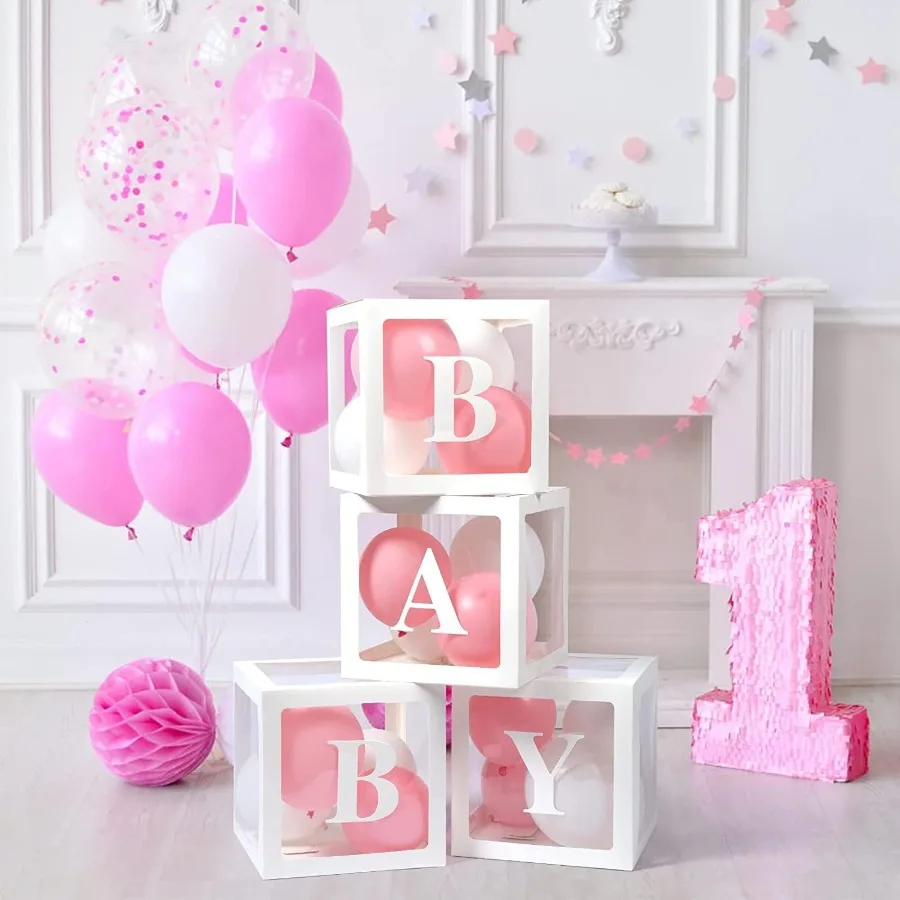 Baby Boxes with Lette for Baby Shower Gender Reveal Decorations with 4 Transparent Balloon Boxes for Gender Reveal Baby Shower