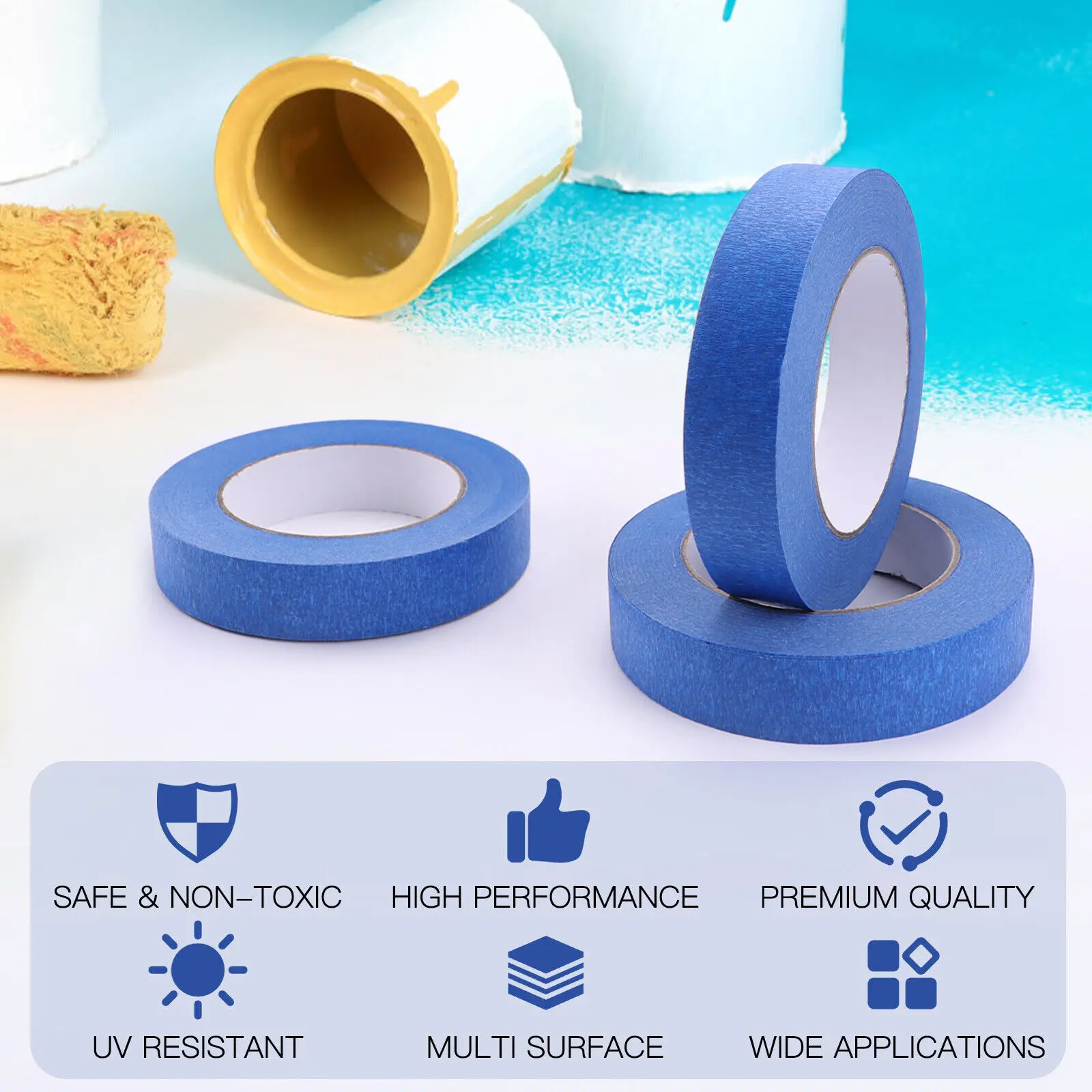 HTVRONT 3 Rolls Blue Painters Tape 1 Inch x 60 Yards Masking Tape, Multi-Surface Painters Tape, Paint Tape for Wall, Paintin