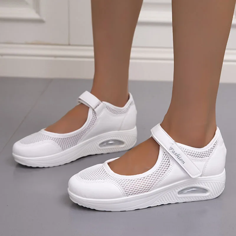 Cushion Platform Sneakers Women Breathable Mesh Spring Summer Casual Shoes Woman Plus Size Ankle Strap Flats Zapato Mujer