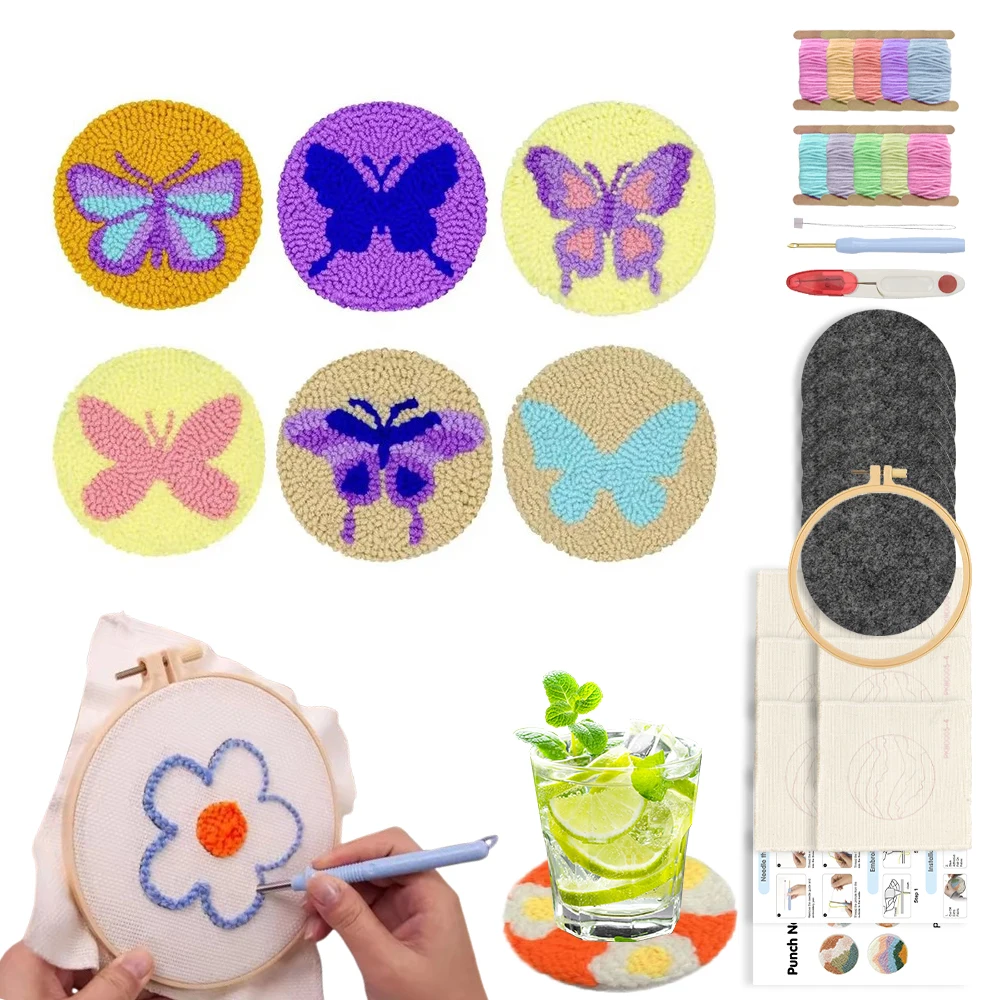 

6 Pcs /set 6cs Butterfly Pattern Punch Needle Coaster Kit for Beginners Crafts Embroidery Set Coaster Tufted Rug Pads Kitchen