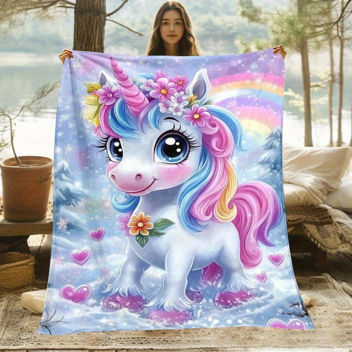 Newest Rainbow Rose White Unicorn Cloud Landscape Flannel Throw Blanket, Soft Fantasy Animal Blanket for Room Decor