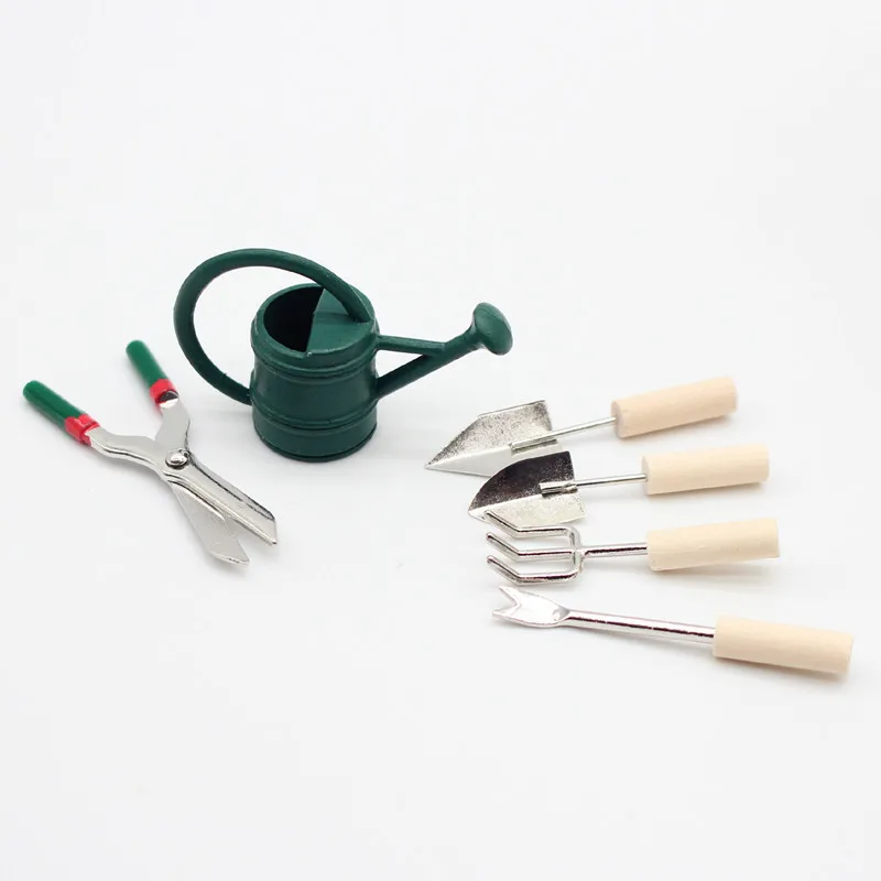 1set Mini Gardening Kettle Garden Large Scissors Tool Dollhouse Spade Simulation Outdoor Patio Micro Decoration Home Decor Craft