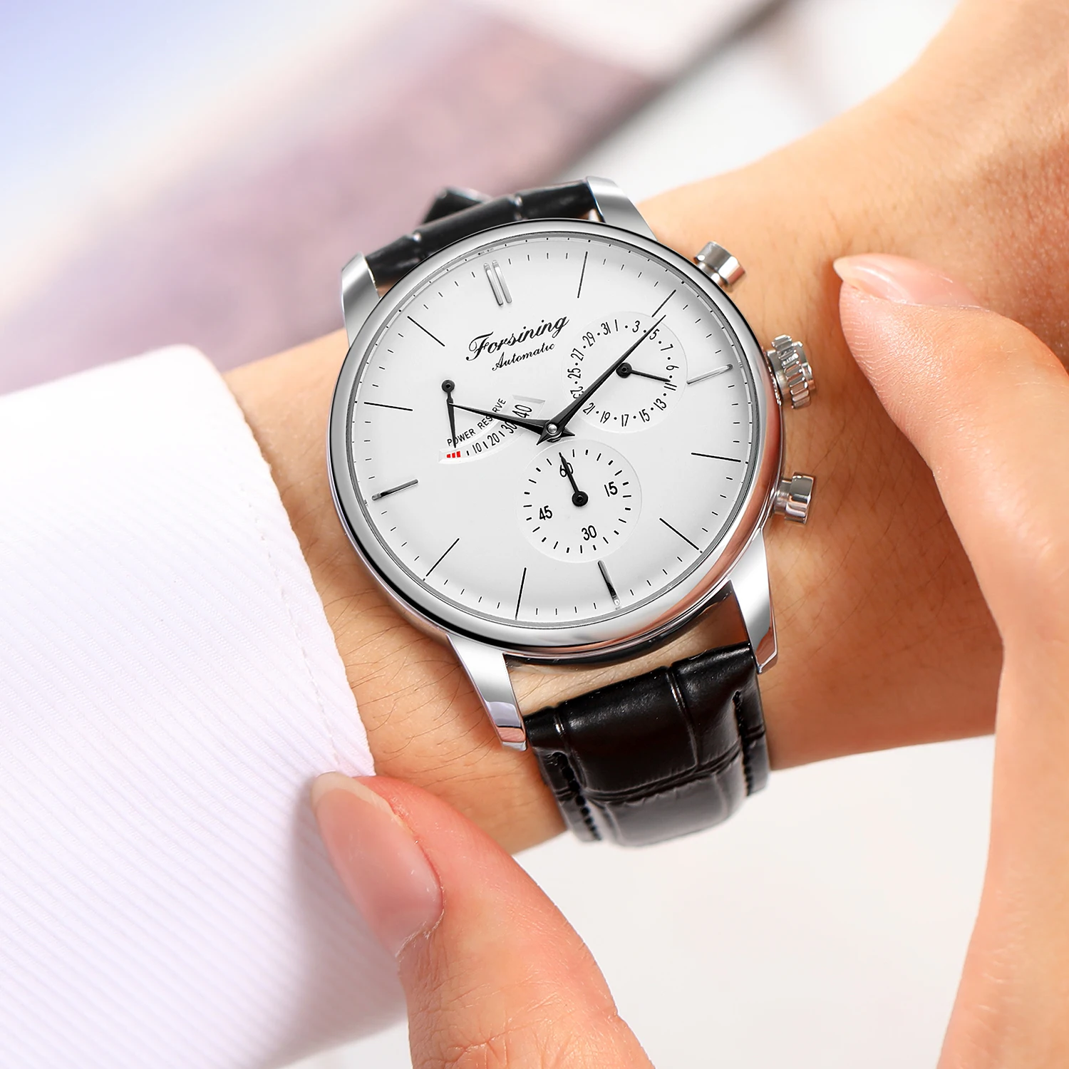 Forsining Originality Devise Power Reservce Mens Leather Strap Mechanical Wirstwatch Top Brand Luxury Fashion Automatic Watches