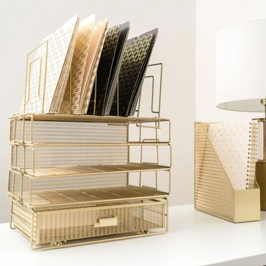

Gold Stackable Desk Organizer Set - 3 Stackable Paper Trays, File Sorter, and Drawer
