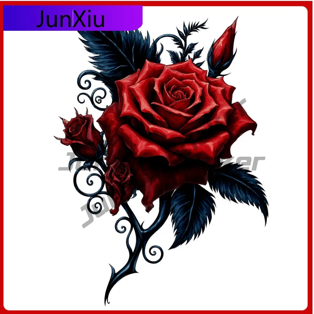 

1pc1pcs Vinyl Decal Large Fully Bloomed Red Rose with Smaller Roses Dark Blue Leaves & Intricate Ornate Te Cool Car Lapto