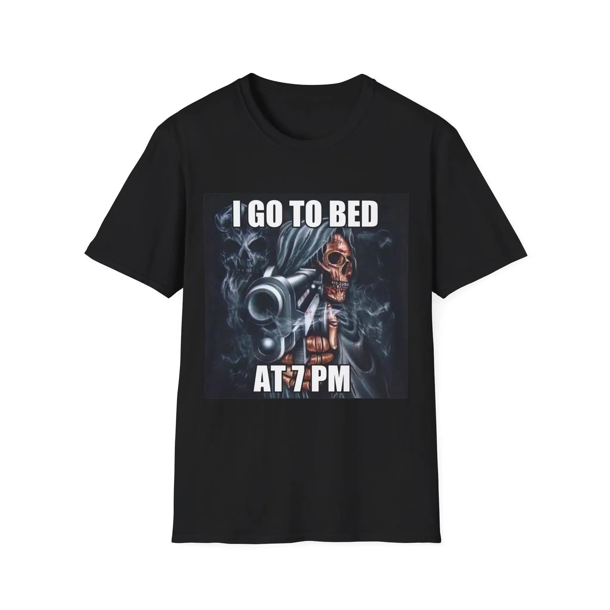I Go To Bed At 7 Pm Evil Skeleton Meme Hard Early Bedtime T Shirt