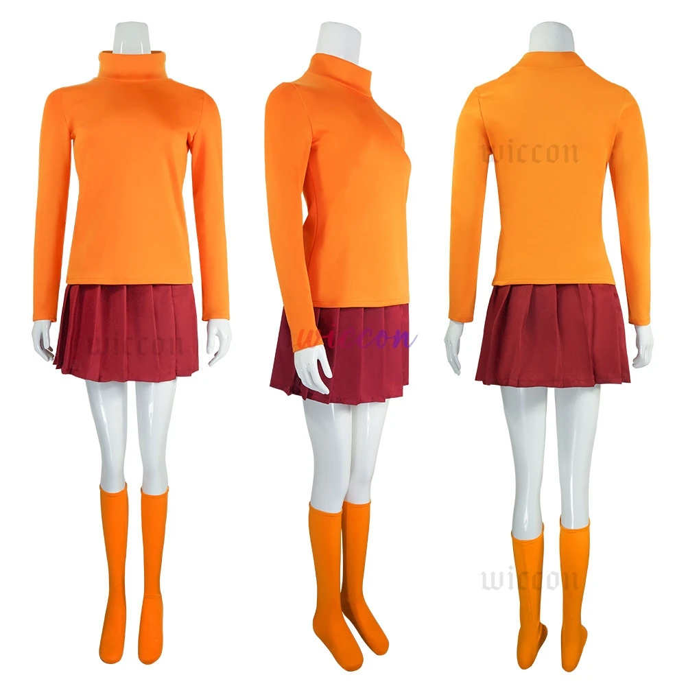 CosplayAnime Velma Seragam Cosplay Kostum Orange Short Skirt Uniform Wanita Oranye Kaus Kaki Rok Atas Halloween Party Carnival S