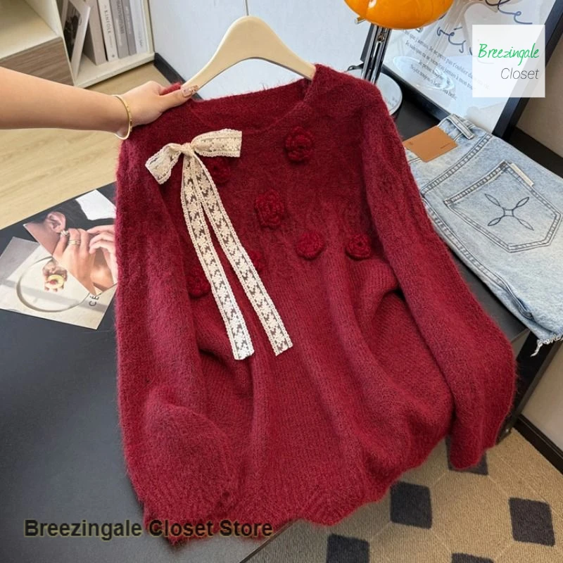 الفرنسية العطاء الدانتيل ربطة القوس فيونكة متماسكة جوفاء ثلاثي الأبعاد زهرة سترة المرأة الخريف والشتاء جديد السترة سترة سميكة