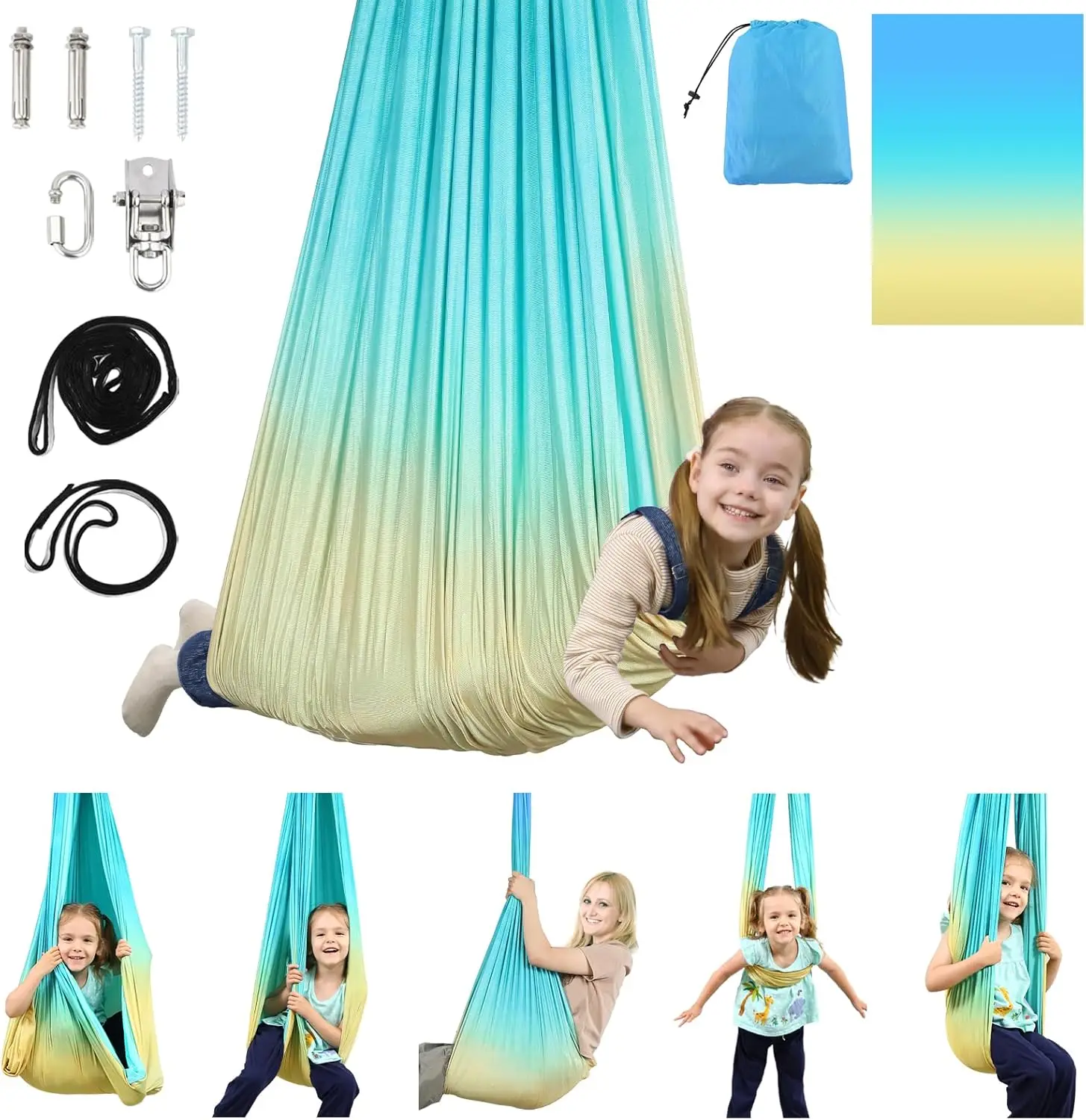 

Double Layer Sensory Swing for Kids & Adults, Indoor/Outdoor Therapy Cuddle Swing Holds 300lbs, Blue