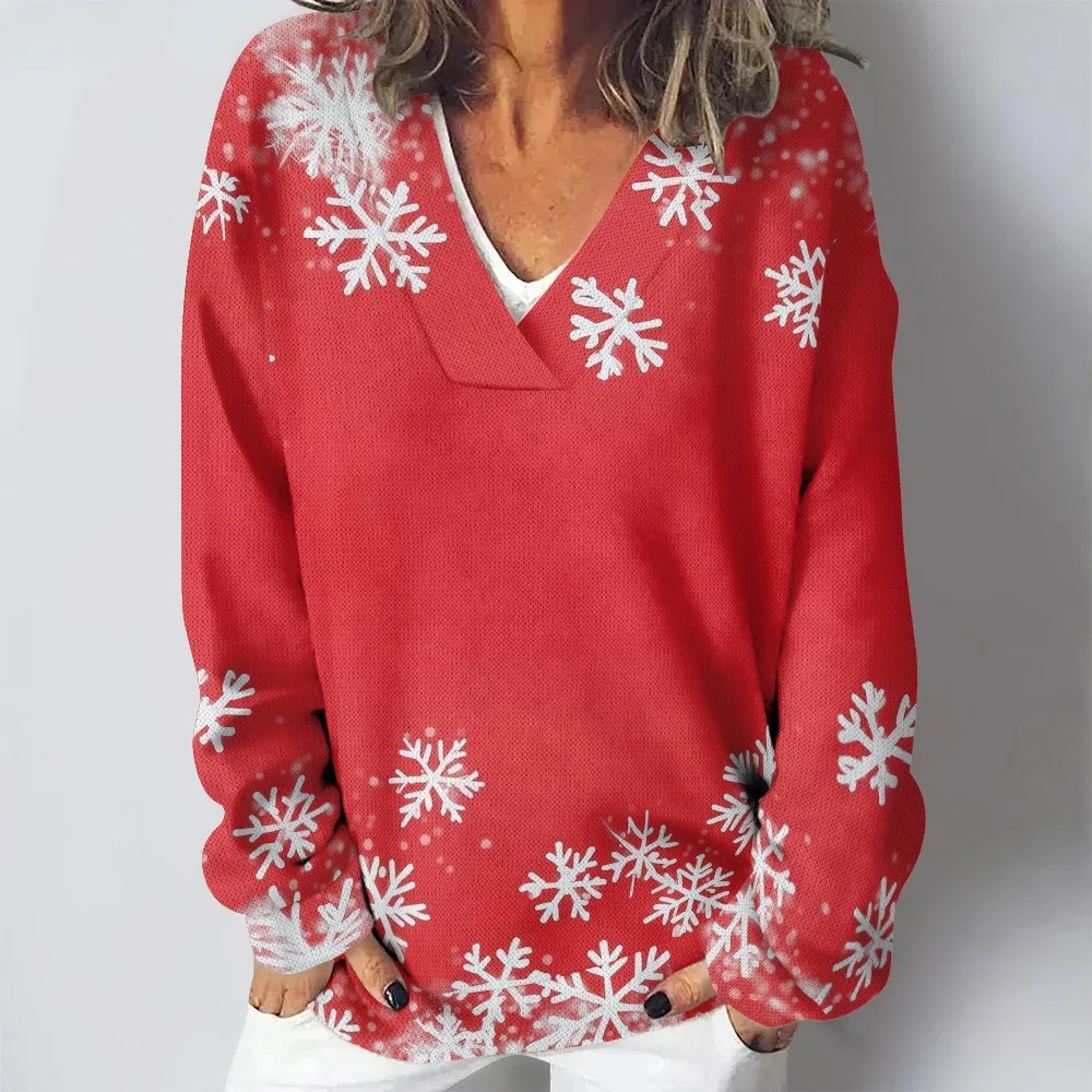 Shiny Christmas Women Oversized Deep V Neck Sweatshirts Snowflakes Print Hoodie Elegent Pullovers Sexy Long Sleeve Loose Jumper