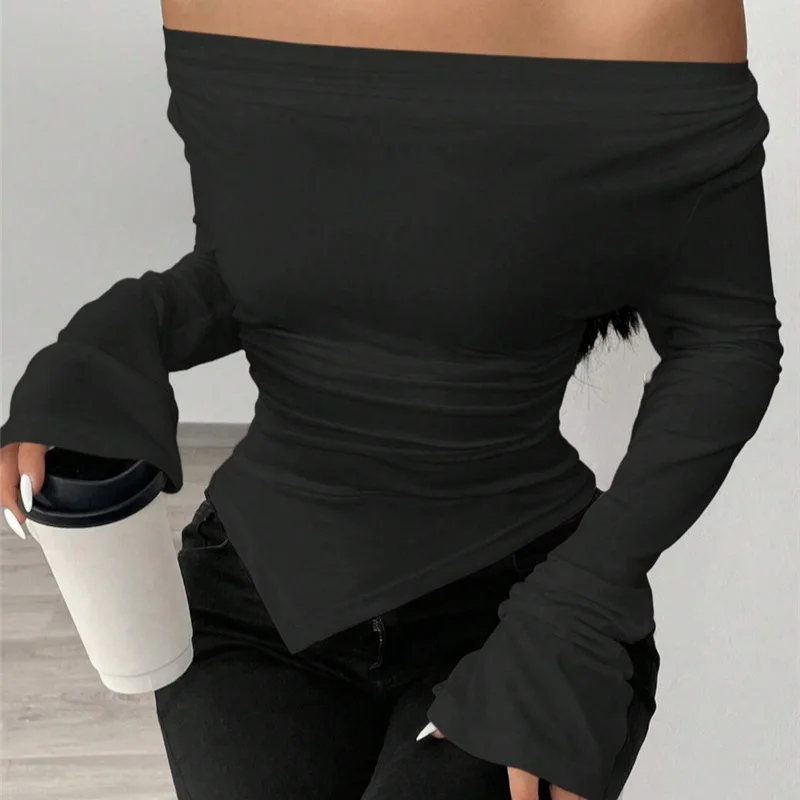 European and American Spring and Summer New V-Neck Off-Shoulder Two-Wear Design Sense Slim-Fit Pleated Irregular Ropa Mujer
