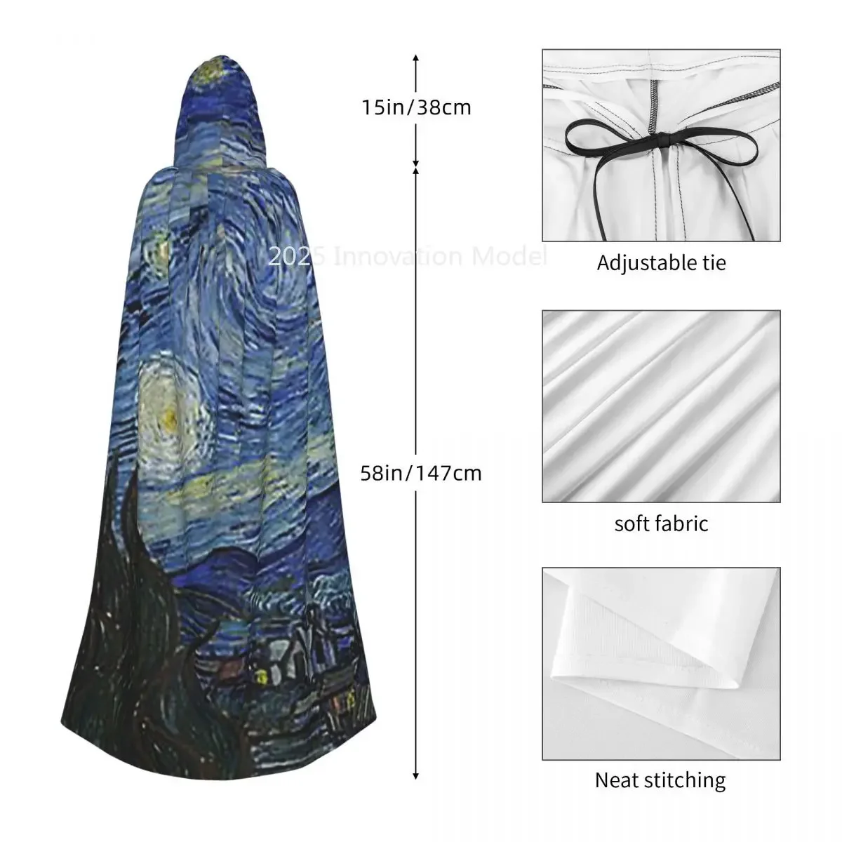 2025 새로운 별이 빛나는 밤 (빈센트 반 고흐) 긴 후드 망토 마녀 중세 의상 코스프레 망토 할로윈 파티 성인 유니섹스