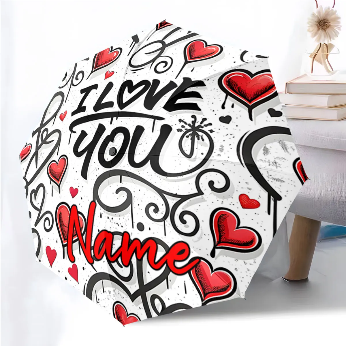 Custom Name Romantic Design Umbrella with Love Print Print 8 Iron Ribs Folding Umbrella, Auto-Open Fashion Sunshade