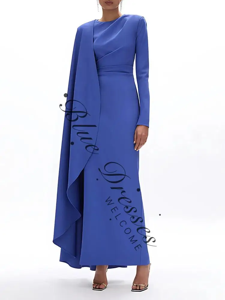 ชุดเดรสยาวแขนยาวสำหรับผู้หญิง ดีไซน์หรูหรา พร้อมผ้าคลุมไหล่แบบเดรป ชุดราตรีออกงานสีน้ำเงินรอยัล ดูสง่างามและมีระดับ