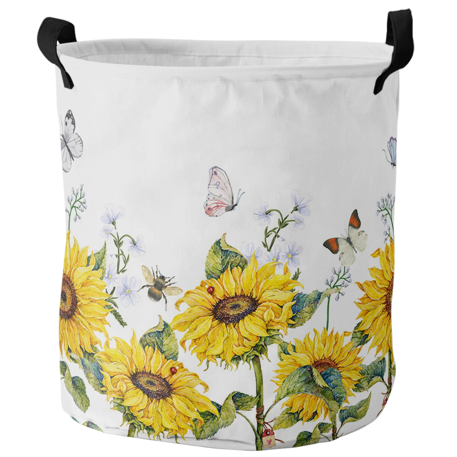 Sunflower Flower Butterfly White Dirty Laundry Basket Foldable Waterproof Home Organizer Basket Clothing Kids Toy Storage Basket